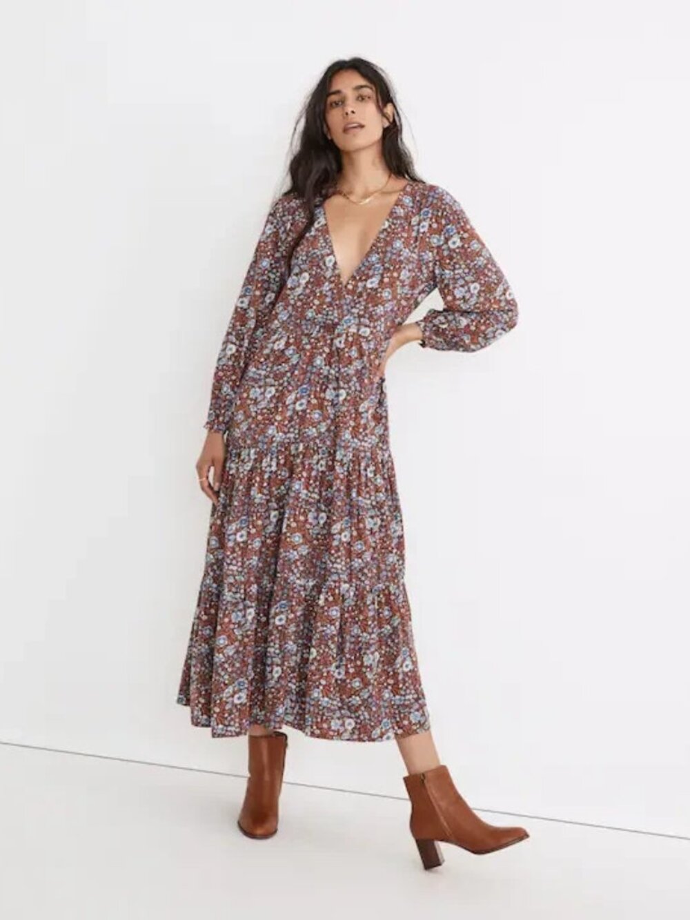 Madewell Challis Fall Floral Tiered Wrap Midi Dress in Woodland Floral Sz Small